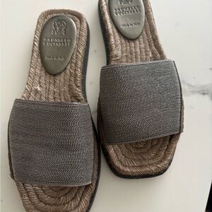 Brunello Cucinelli Silver and Tan Slide Sandals or espadrilles